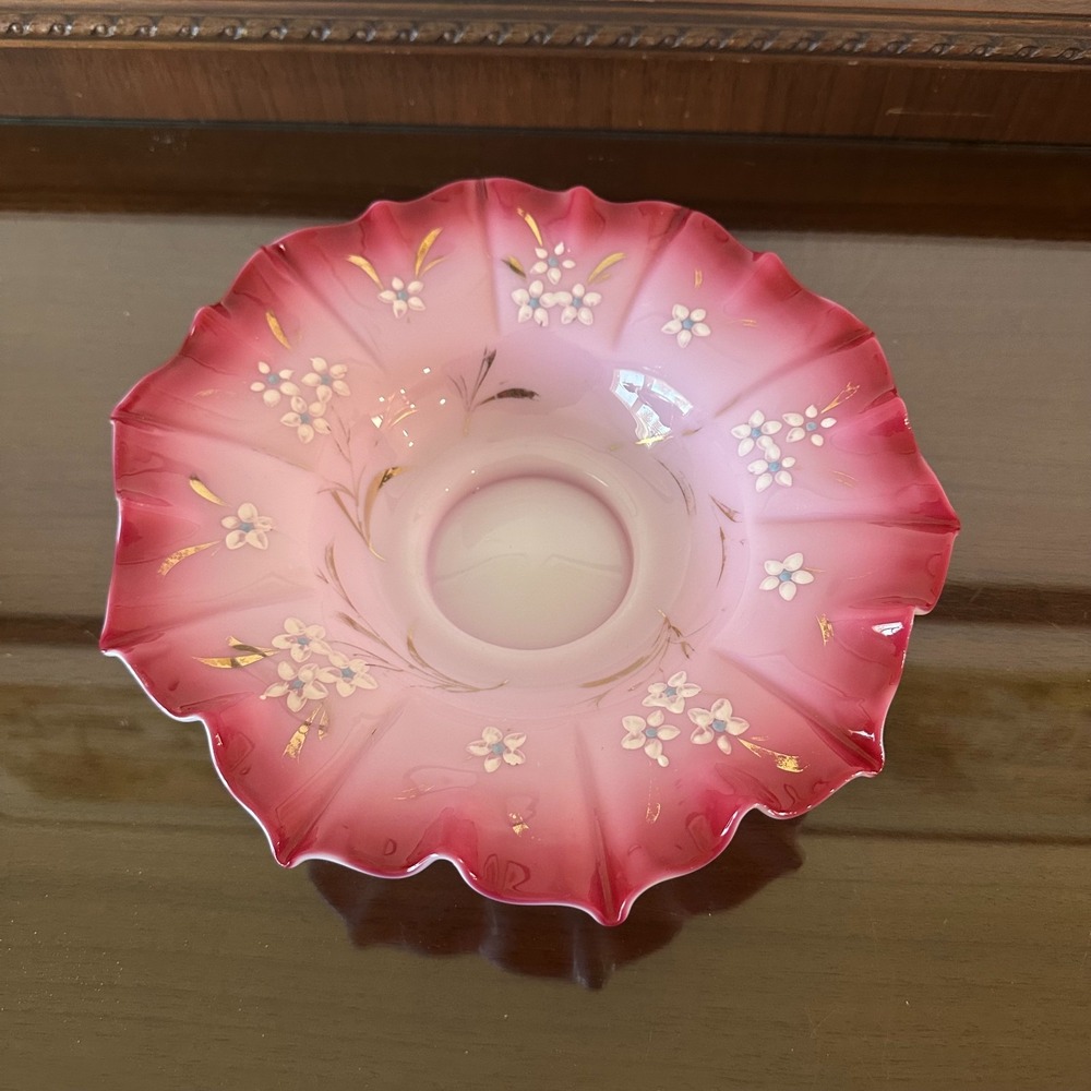 10" Antique Opaline Ruffled Glass Bridal Bowl High Relief Hand Painted Florals
